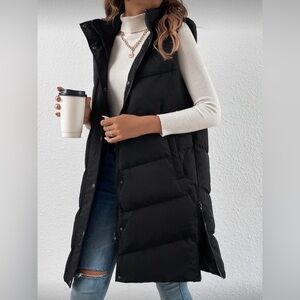 Black Hooded Puffer Vest with Zipper Pockets